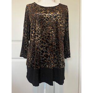Leopard Print Sheer Tunic Top Size XL Soft Stretch Hem Flow Shiny Animal Comfort